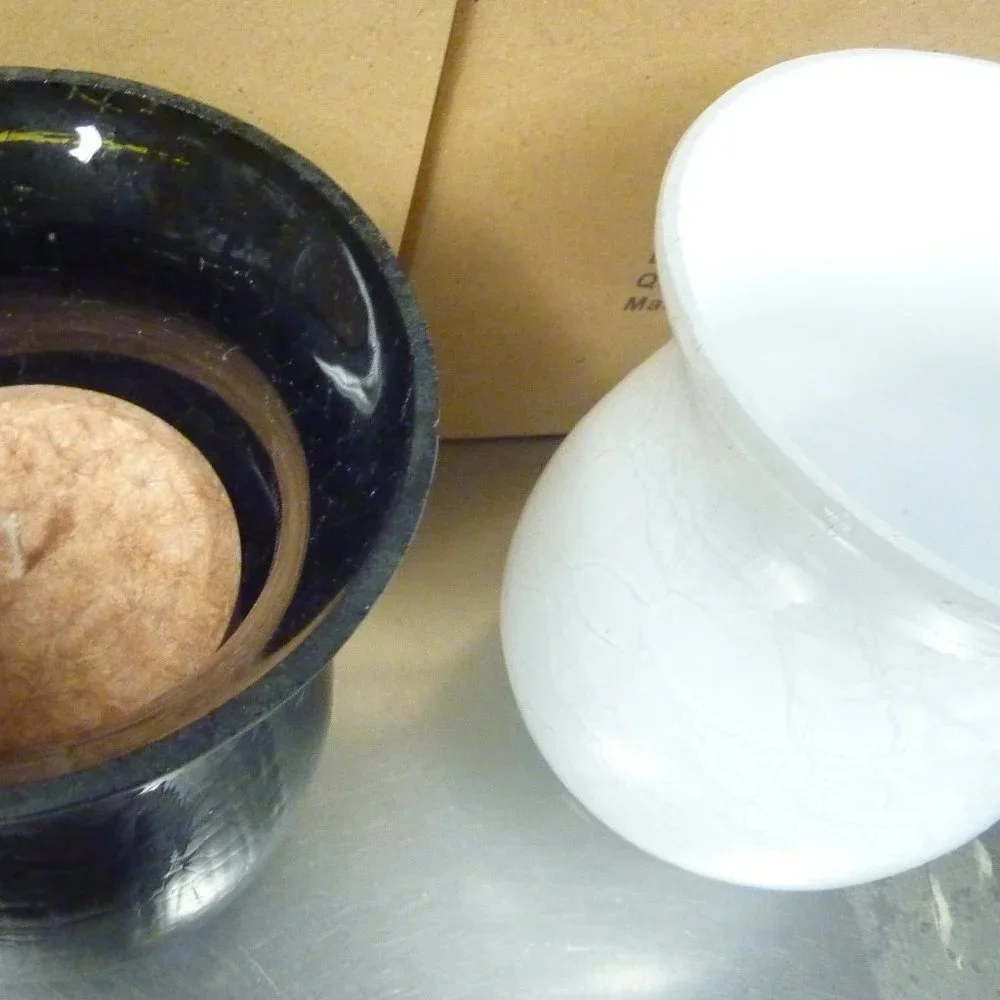 Set of 2 Snow White Crackle Glass Candle Holders 5.5” Soft Glow Small Pillar